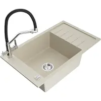 Mexen Elias granieten gootsteen 1-komors met afdruiprek en Duo keukenkraan, beige - 6511-69-671701-07