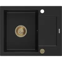 Mexen Enzo granieten spoelbak 1-komers met afdruiprek 576 x 465 , zwart, gouden sifon - 6506571005-77-G