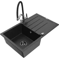 Mexen Bruno granieten spoelbak met 1 bak met afdruiprek en Duo keukenkraan, zwart/zilver metallic - 6513-73-671701-07-B