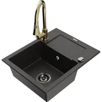 Mexen Enzo granieten gootsteen 1-komers met afdruiprek en keukenmengkraan Elia, zwart/gouden metallic - 6506-75-670101-50-B