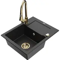 Mexen Enzo granieten gootsteen met 1 bak met afdruiprek en keukenmengkraan Elia, zwart/zilver metallic - 6506-73-670101-50