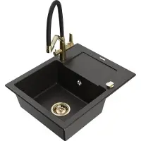 Mexen Enzo granieten gootsteen 1-koer met afdruipgedeelte en keukenmengkraan Duo, zwart/goud metallic - 6506-75-671701-57-G
