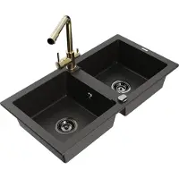 Mexen Mario granieten spoelbak met 2 koen met Duero keukenmengkraan, zwart/goud metallic - 6504-75-671600-50-B