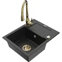 Mexen Enzo 1-komorige granieten gootsteen met afdruiprek en keukenkraan Savita, zwart/zilver metallic - 6506-73-672601-50