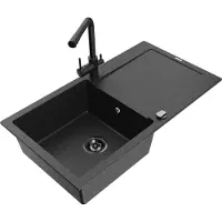 Mexen Leo granieten gootsteen 1-komor met afdruiprek en keukenmengkraan Duero, zwart/zilver metallic - 6501-73-671600-70-B