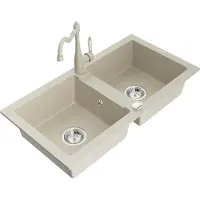 Mexen Mario granieten spoelbak met 2 kamers en keukenkraan Carla, beige - 6504-69-670700-69