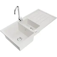 Mexen Andres granieten gootsteen 1,5-kamer met afdruiprek en keukenkraan Telma, wit - 6515-20-670200-00