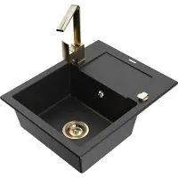 Mexen Enzo granieten gootsteen 1-koer met afdruiprek en keukenkraan Rita, zwart/zilver metallic - 6506-73-670300-50