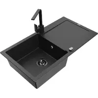 Mexen Leo granieten gootsteen 1-kompartment met afdruiprek en keukenkraan Rita, zwart/zilver metallic - 6501-73-670300-70-B