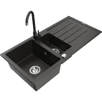 Mexen Andres granieten spoelbak 1,5 kuip met afdruiprek en keukenmengkraan Telma, zwart/goud - 6515-75-670200-70