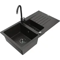 Mexen Matias granieten spoelbak 1,5-kamer met afdruiprek en keukenkraan Telma, zwart/goud - 6502-75-670200-70-B