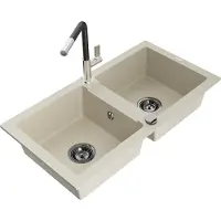 Mexen Mario granieten gootsteen met 2 compartimenten en keukenmengkraan Flora, beige - 6504-69-670401-07-B