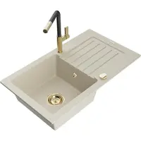 Mexen Pablo granieten gootsteen met 1 kuip met afdruiprek en keukenmengkraan Flora, beige - 6510-69-670401-57-G
