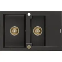 Mexen Gaspar granieten gootsteen 1,5-kamer met afdruiprek 737 x 475 , zwart/goud metallic, gouden sifon - 6507731505-75-G