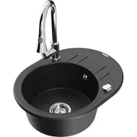 Mexen Kevin granieten gootsteen 1-komorige met afdruiprek en keukenmengkraan Elia, zwart/zilver metallic - 6517-73-670101-00