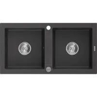 Mexen Mario granieten gootsteen met 2 kamers 820 x 436 , zwart gespikkeld, chromen sifon - 6504822000-76