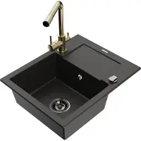 Mexen Enzo granieten spoelbak met 1 bak met afdruiprek en keukenmengkraan Duero, zwart/goud metallic - 6506-75-671600-50-B