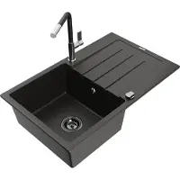 Mexen Bruno granieten spoelbak met 1 bak en afdruiprek met Flora keukenkraan, zwart/goud metallic - 6513-75-670401-07-B