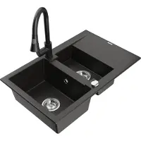Mexen Gaspar granieten gootsteen 1,5-komoren met druiprek en keukenkraan Elia, zwart/gouden metallic - 6507-75-670101-70