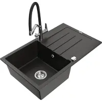 Mexen Bruno granieten gootsteen 1-kompartment met afdruiprek en keukenmengkraan Duo, zwart/goud metallic - 6513-75-671701-07