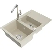 Mexen Gaspar granieten spoelbak 1,5-kamer met afdruiprek en keukenmengkraan Flora, beige - 6507-69-670401-00