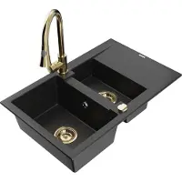 Mexen Gaspar granieten spoelbak 1,5-kamerig met afdruiprek en keukenmengkraan Elia, zwart/zilveren metallic - 6507-73-670101-50