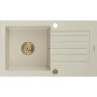 Mexen Pablo granieten spoelbak met 1 bak en afdruiprek 752 x 436 , beige, gouden sifon - 6510751010-69-G