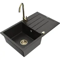 Mexen Bruno granieten gootsteen 1-komorige met afdruiprek en keukenkraan Telma, zwart/goud - 6513-75-670200-50