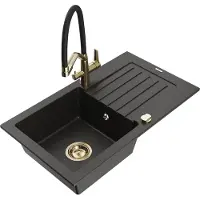 Mexen Pablo granieten gootsteen 1-komor met druiprek en keukenkraan Duo, zwart/goud metallic - 6510-75-671701-57-G