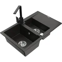 Mexen Gaspar granieten spoelbak 1,5-komorige met afdruiprek en keukenkraan Rita, zwart/goud - 6507-75-670300-70