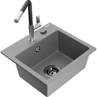 Mexen Milo granieten spoelbak 1-komor met keukenmengkraan Flora, grijs - 6505-71-670401-07-B