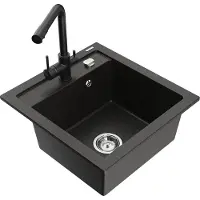 Mexen Vito granieten gootsteen 1-kompartment met keukenkraan Duero, zwart/goud metallic - 6503-75-671600-70