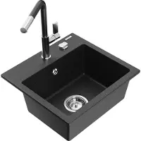 Mexen Milo granieten spoelbak 1-compartiment met keukenkraan Flora, zwart/zilver metallic - 6505-73-670401-07