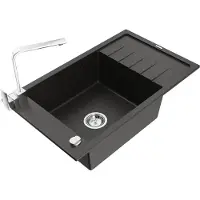 Mexen Elias granieten spoelbak 1-komerig met afdruiprek en keukenmengkraan Rita, zwart/zilveren metallic - 6511-73-670300-70