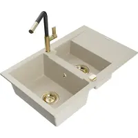 Mexen Gaspar granieten gootsteen 1,5-kamers met afdruiprek en keukenkraan Flora, beige - 6507-69-670401-57-G