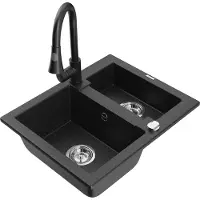 Mexen Carlos granieten gootsteen 1,5-kamer met keukenkraan Elia, zwart/zilver metallic - 6518-73-670101-70