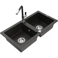 Mexen Mario granieten gootsteen met 2 kamers en keukenmengkraan Flora, zwart/goud metallic - 6504-75-670401-07
