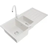 Mexen Andres granieten spoelbak met 1,5 kamers, afdruiprek en keukenkraan Telma, wit - 6515-20-670200-20