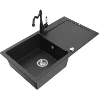 Mexen Leo granieten spoelbak met 1 bak met afdruiprek en keukenkraan Carla, zwart/zilver metallic - 6501-73-670700-70