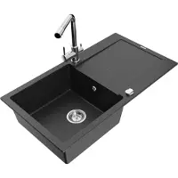 Mexen Leo granieten gootsteen 1-komor met afdruiprek en keukenkraan Duero, zwart/zilver metallic - 6501-73-671600-00