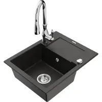 Mexen Enzo granieten spoelbak met 1 bak en afdruiprek en keukenmengkraan Savita, zwart/goud metallic - 6506-75-672601-00