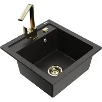 Mexen Vito granieten spoelbak met 1 bak en Rita keukenmengkraan, zwart/gouden metallic - 6503-75-670300-50