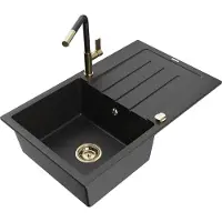 Mexen Bruno granieten gootsteen 1-komers met afdruiprek en keukenmengkraan Flora, zwart/zilver metallic - 6513-73-670401-57-G