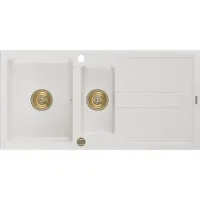 Mexen Andres granieten gootsteen 1,5-komoret met afdruiprek 1000 x 500 , wit, gouden sifon - 6515101510-20-G