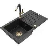 Mexen Pablo granieten gootsteen met 1 bak met afdruiprek en keukenmengkraan Flora, zwart/goud metallic - 6510-75-670401-57-G