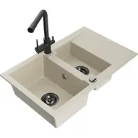 Mexen Gaspar granieten spoelbak 1,5-kamer met afdruiprek en keukenmengkraan Duero, beige - 6507-69-671600-70