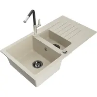 Mexen Matias granieten spoelbak 1,5-komor met afdruiprek en keukenkraan Flora, beige - 6502-69-670401-07-B