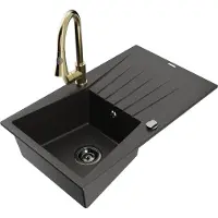 Mexen Cesar granieten spoelbak met 1 bak, afdruiprek en Elia keukenkraan, zwart/goud metallic - 6514-75-670101-50-B