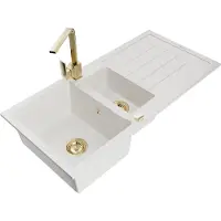 Mexen Andres granieten spoelbak 1,5-komor met afdruiprek en keukenmengkraan Rita, wit - 6515-20-670300-50