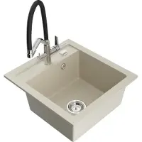 Mexen Vito granieten gootsteen met 1 bak en Duo keukenmengkraan, beige - 6503-69-671701-07